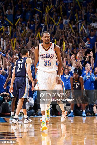 Kevin Durant of the Oklahoma City Thunder celebrates after making a go-ahead shot late in the fourth quarter, leading to his team's victory, against...
