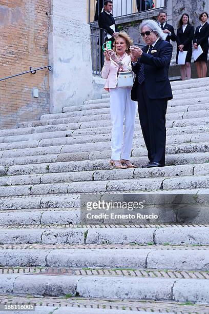 Enrico Vanzina and his wife Federica Burger attend the Valeria Marini And Giovanni Cottone wedding at Ara Coeli on May 5, 2013 in Rome, Italy.