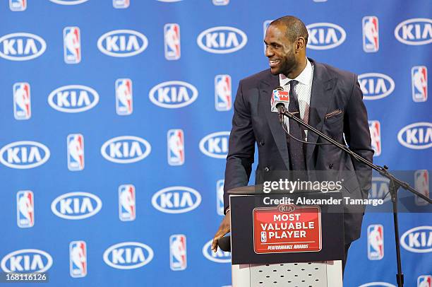 LeBron James attends the LeBron James press confernece to announce his 4th NBA MVP Award at American Airlines Arena on May 5, 2013 in Miami, Florida.