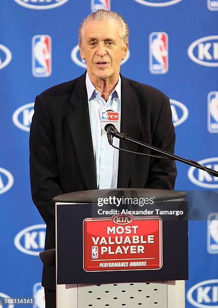 Pat Riley attends the LeBron James press confernece to announce his 4th NBA MVP Award at American Airlines Arena on May 5, 2013 in Miami, Florida.