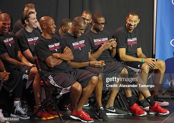 Ray Allen, Jarvis Varando, Dwyane Wade and Juwan Howard attend the LeBron James press confernece to announce his 4th NBA MVP Award at American...