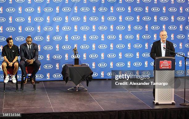 Erik Spoelstra, LeBron James and Pat Riley attend the LeBron James press confernece to announce his 4th NBA MVP Award at American Airlines Arena on...