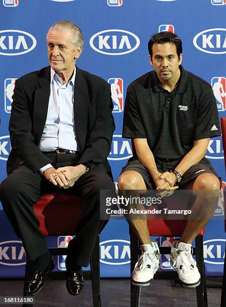 Pat Riley and Erik Spoelstra attend the LeBron James press confernece to announce his 4th NBA MVP Award at American Airlines Arena on May 5, 2013 in...