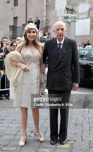 Prince Sforza Ruspoli and wife Maria Pia Ruspoli arrive at the Valeria Marini and Giovanni Cottone wedding at Ara Coeli on May 5, 2013 in Rome, Italy.