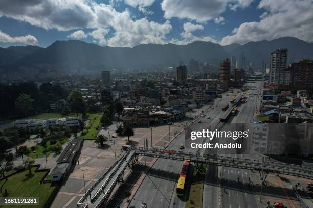 An aerial view of the city and streets during the Car Free Day when only buses and taxis are allowed in Bogota, Colombia on September 21, 2023....