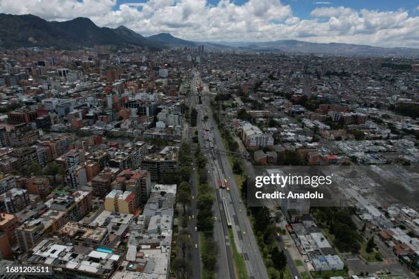 An aerial view of the city and streets during the Car Free Day when only buses and taxis are allowed in Bogota, Colombia on September 21, 2023....