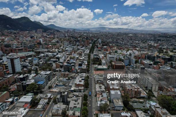 An aerial view of the city during the Car Free Day when only buses and taxis are allowed in Bogota, Colombia on September 21, 2023. According to...