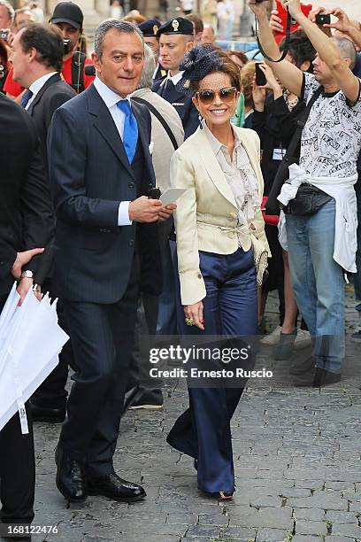 Antonello Sarno and Chantal Sciuto attend the Valeria Marini And Giovanni Cottone wedding at Ara Coeli on May 5, 2013 in Rome, Italy.