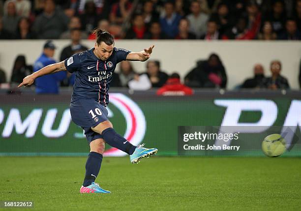 Zlatan Ibrahimovic of PSG in action during the Ligue 1 match between Paris Saint-Germain FC and Valenciennes FC at the Parc des Princes stadium on...