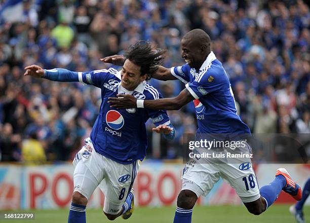 Rafael Robayo and Wason Renteria of Millonarios celebrate a goal against Patriotas during a match between Millonarios and Patriotas as part of Liga...