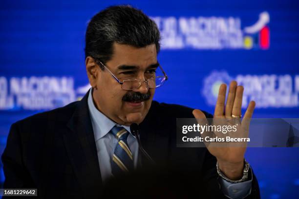 President of Venezuela Nicolas Maduro arrives to a meeting with the 'Consejo Nacional de Economía Productiva' at Humboldt Hotel on September 21, 2023...