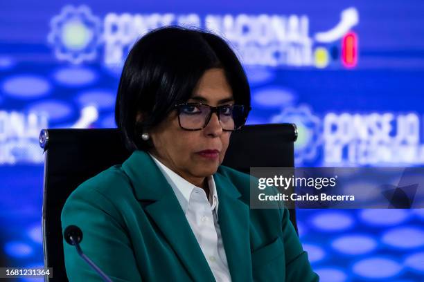 Vicepresident of Venezuela Delcy Rodriguez looks on during a meeting with the 'Consejo Nacional de Economía Productiva' at Humboldt Hotel on...