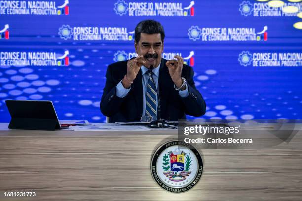 President of Venezuela Nicolas Maduro speaks during a meeting with the 'Consejo Nacional de Economía Productiva' at Humboldt Hotel on September 21,...