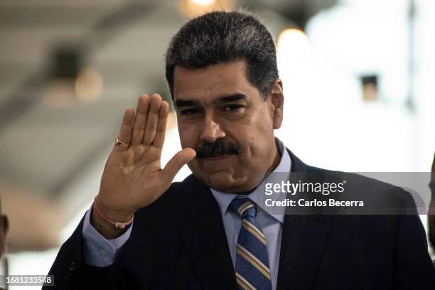 President of Venezuela Nicolas Maduro arrives to a meeting with the 'Consejo Nacional de Economía Productiva' at Humboldt Hotel on September 21, 2023...
