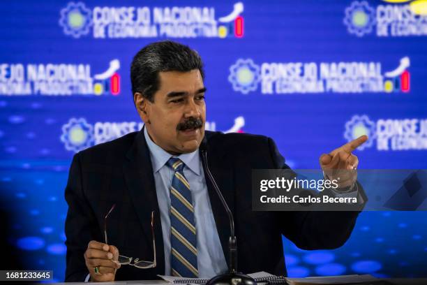 President of Venezuela Nicolas Maduro speaks during a meeting with the 'Consejo Nacional de Economía Productiva' at Humboldt Hotel on September 21,...