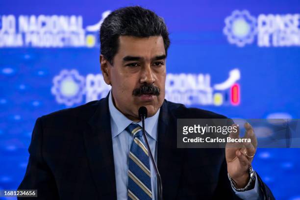 President of Venezuela Nicolas Maduro speaks during a meeting with the 'Consejo Nacional de Economía Productiva' at Humboldt Hotel on September 21,...