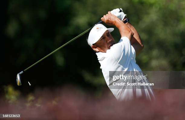 Esteban Toldeo of Mexico hits his tee shot on the 17th hole during the final round of the Insperity Championship at the Woodlands Country Club on May...