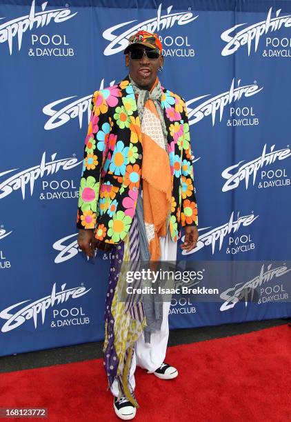 Dennis Rodman arrives at the grand opening of the Sapphire Pool & Day Club on May 5, 2013 in Las Vegas, Nevada.
