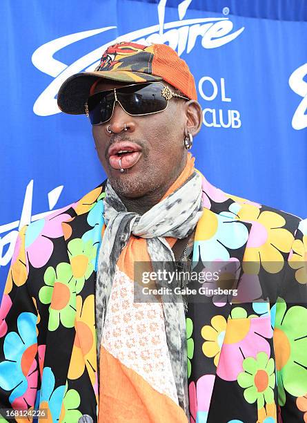 Former NBA player Dennis Rodman arrives at Sapphire Pool & Day Club grand opening party on May 5, 2013 in Las Vegas, Nevada.