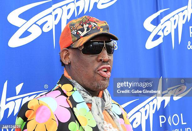 Former NBA player Dennis Rodman arrives at Sapphire Pool & Day Club grand opening party on May 5, 2013 in Las Vegas, Nevada.