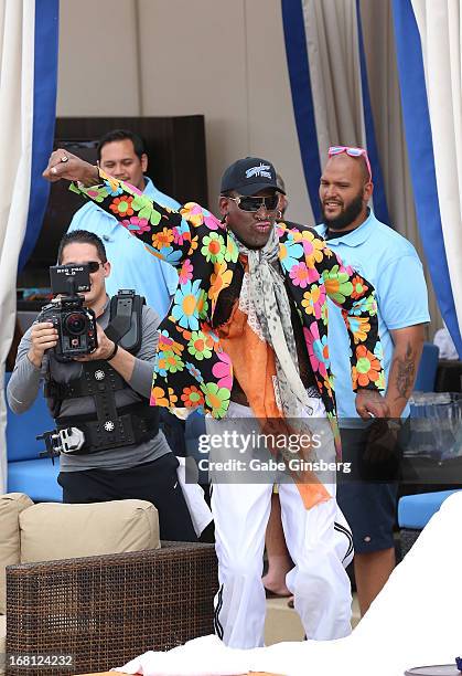 Former NBA player Dennis Rodman dances at Sapphire Pool & Day Club grand opening party on May 5, 2013 in Las Vegas, Nevada.