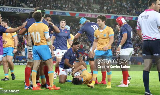 Yoram Moefana of Team France celebrates his first try during the Rugby World Cup France 2023 match between France and Uruguay at Stade Pierre Mauroy...