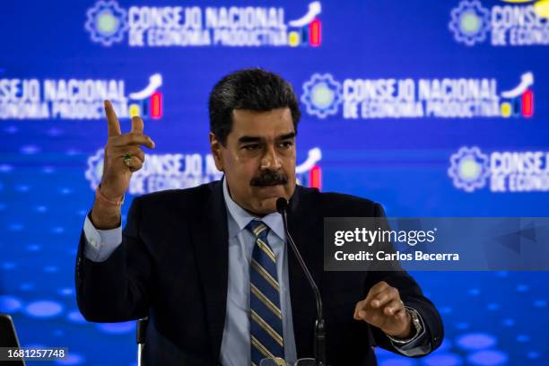 President of Venezuela Nicolas Maduro speaks during a meeting with the 'Consejo Nacional de Economía Productiva' at Humboldt Hotel on September 21,...