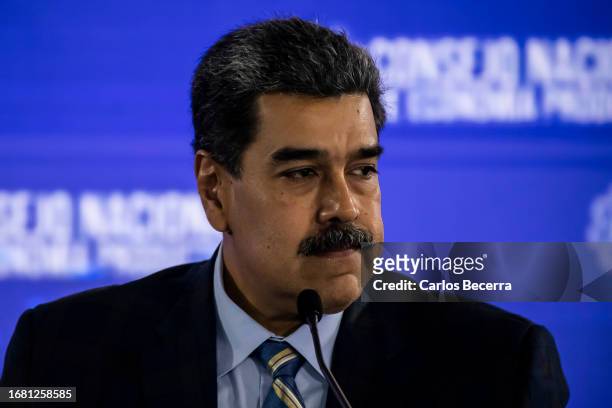 President of Venezuela Nicolas Maduro looks on during a meeting with the 'Consejo Nacional de Economía Productiva' at Humboldt Hotel on September 21,...