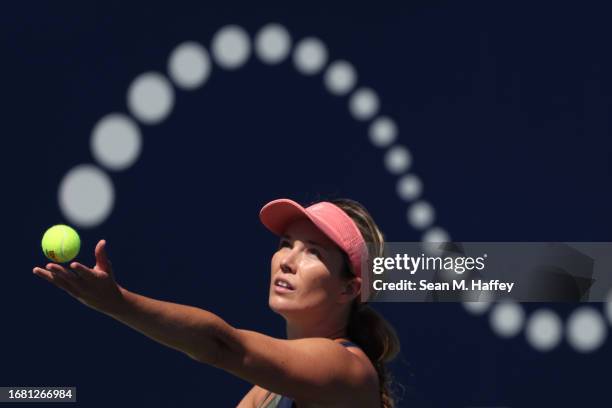 Danielle Collins of the United States serves against Caroline Garcia of France during their quarterfinal match of the Cymbiotika San Diego Open at...