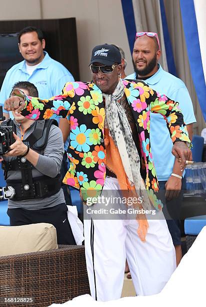 Former NBA player Dennis Rodman dances at Sapphire Pool & Day Club grand opening party on May 5, 2013 in Las Vegas, Nevada.