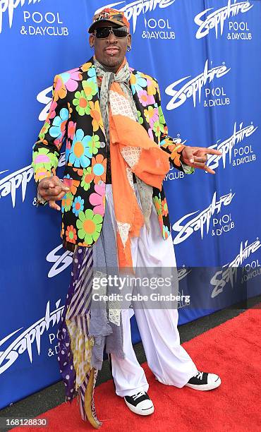 Former NBA player Dennis Rodman arrives at Sapphire Pool & Day Club grand opening party on May 5, 2013 in Las Vegas, Nevada.