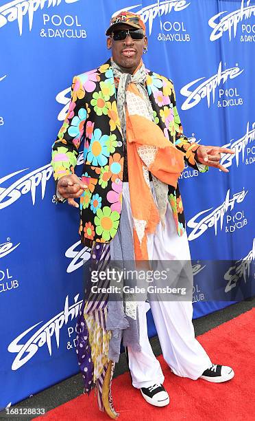 Former NBA player Dennis Rodman arrives at Sapphire Pool & Day Club grand opening party on May 5, 2013 in Las Vegas, Nevada.