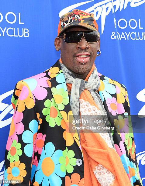 Former NBA player Dennis Rodman arrives at Sapphire Pool & Day Club grand opening party on May 5, 2013 in Las Vegas, Nevada.