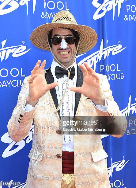 Actor Voki Kalfayan as his character The Gazillionaire from the show "Absinthe" arrives at Sapphire Pool & Day Club grand opening party on May 5,...