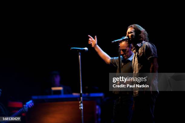 American rock musician Bruce Springsteen performs on stage with the E Street Band and special guest Eddie Vedder during the 'Wrecking Ball' tour at...