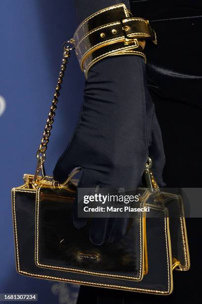 Elodie Frege, handbag detail, attends the Ritz's 125th Anniversary at Hotel Ritz on September 14, 2023 in Paris, France.