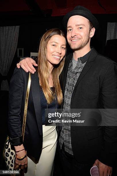 Jessica Biel and Justin Timberlake backstage after MasterCard Priceless Premieres presents Justin Timberlake at Roseland Ballroom on May 5, 2013 in...