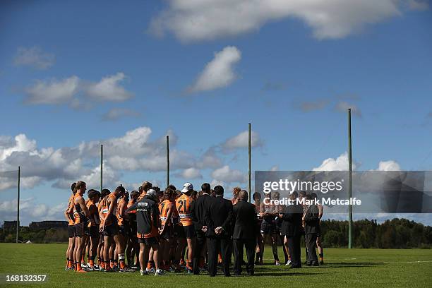 Andrew Demetriou speaks to Giants players and staff before a GWS Giants AFL media session at Sydney Olympic Park Sports Centre on May 6, 2013 in...