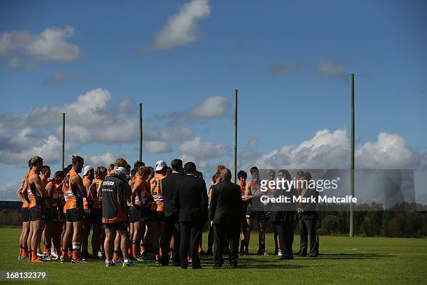 Andrew Demetriou speaks to Giants players and staff before a GWS Giants AFL media session at Sydney Olympic Park Sports Centre on May 6, 2013 in...