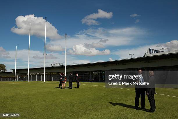 Andrew Demetriou arrives for a GWS Giants AFL media session at Sydney Olympic Park Sports Centre on May 6, 2013 in Sydney, Australia.