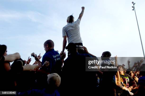 American rock musician Chris Barker , with the group Anti-Flag, on stage at the First Midwest Bank Amphitheatre during the 2006 Vans Warped Tour,...