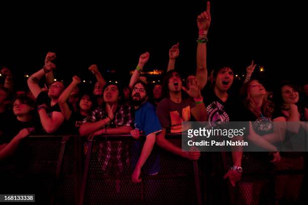 View of the audience as they watch American rock group Anti-Flag perform at the Congress Theater during RiotFest 2011, Chicago, Illinois, October 9,...
