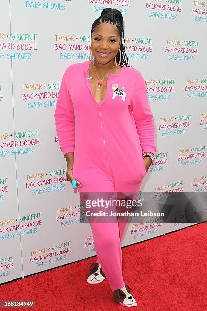 Trina Braxton attends as Tamar Braxton hosts a carnival-themed baby shower with friends and family at Hotel Bel-Air on May 5, 2013 in Los Angeles,...