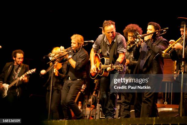 American rock group Bruce Springsteen & the E Street Band perform on stage during the 'Wrecking Ball' tour at Wrigley Field, Chicago, Illinois,...