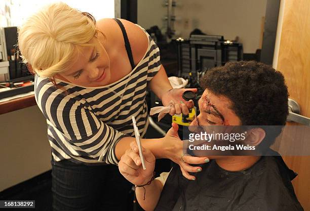 Acting student Samir is getting his make-up done during the Rohde & Schwarz with Hollywood HEART Filmmaking Workshop on May 5, 2013 in Studio City,...