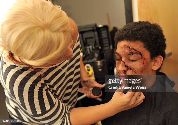 Acting student Samir is getting his make-up done during the Rohde & Schwarz with Hollywood HEART Filmmaking Workshop on May 5, 2013 in Studio City,...
