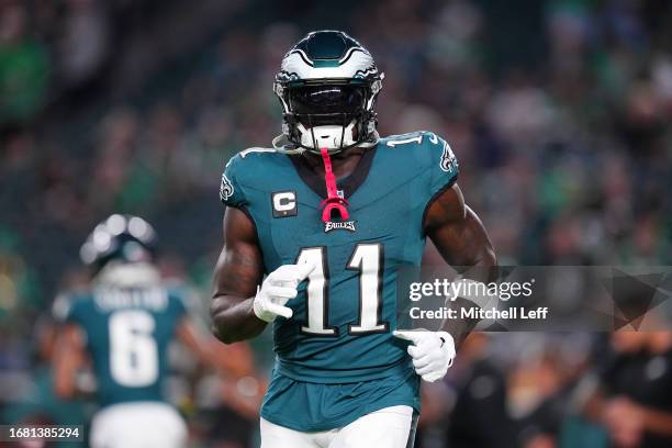 Brown of the Philadelphia Eagles warms up before the game against the Minnesota Vikings at Lincoln Financial Field on September 14, 2023 in...