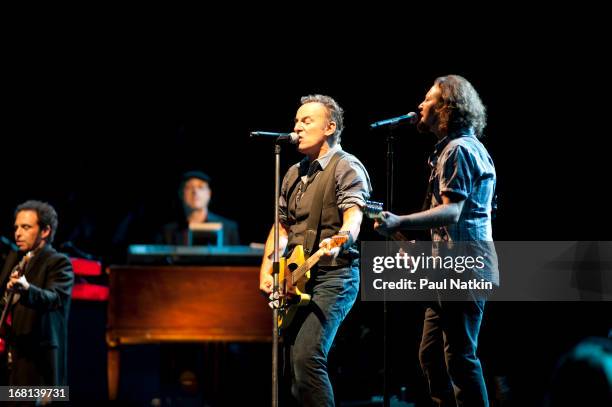 American rock musician Bruce Springsteen performs on stage with the E Street Band and special guest Eddie Vedder during the 'Wrecking Ball' tour at...