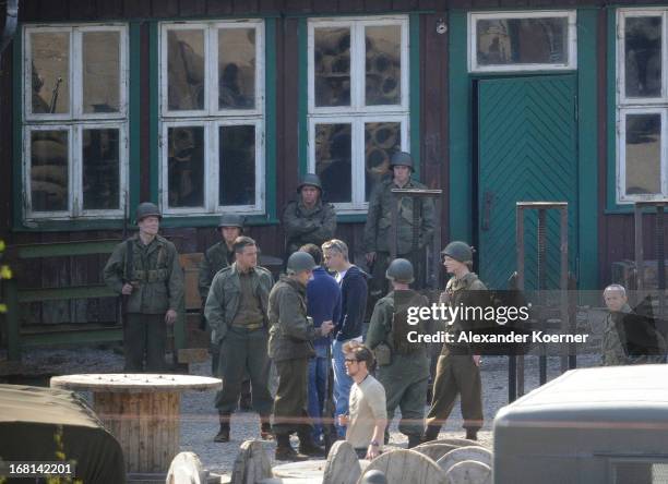Actor Matt Damon, Grant Heslov and George Clooney are seen on George Clooney's 51st birthday at the set of the film "The Monuments Men" on May 06,...