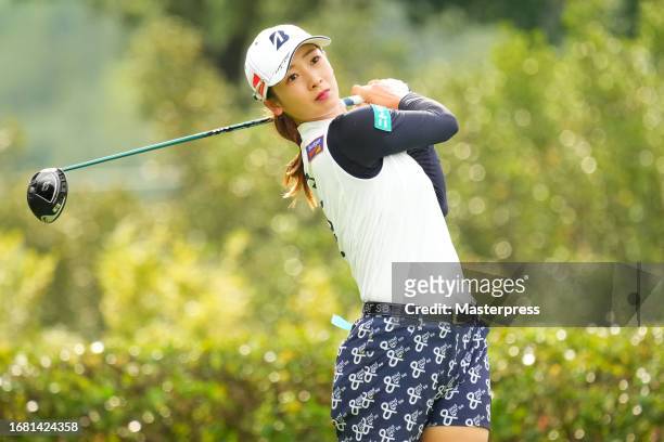 Rei Matsuda of Japan hits her tee shot on the 2nd hole during the first round of Sanyo Shimbun Ladies Cup at Tojigaoka Marine Hills Golf Club on...